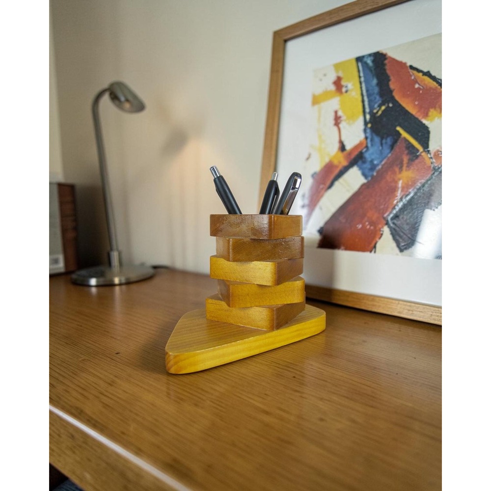 Mid Century Teak Wood Pen/Pencil Holder - MCM Vintage Office Decor